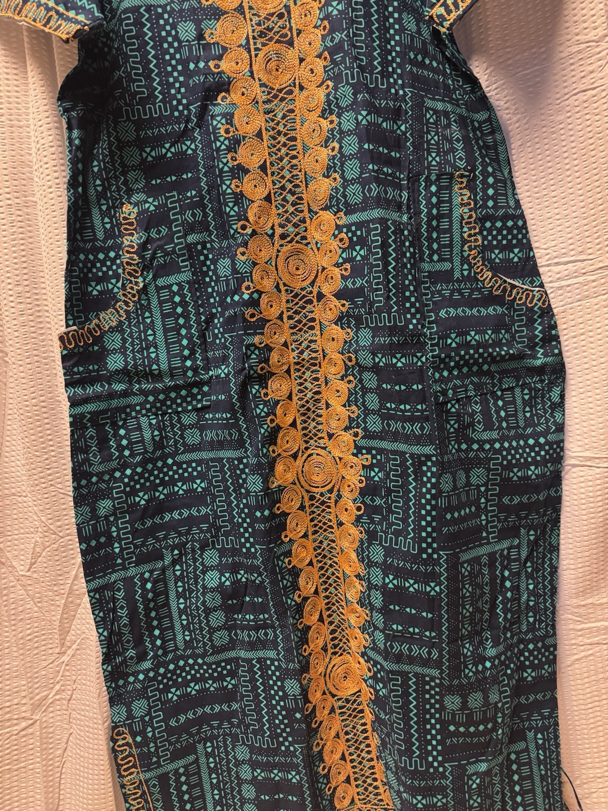 African Dashiki Style Tunic Dress Teal Blue Gold Embroidery Long Kaftan New L/XL