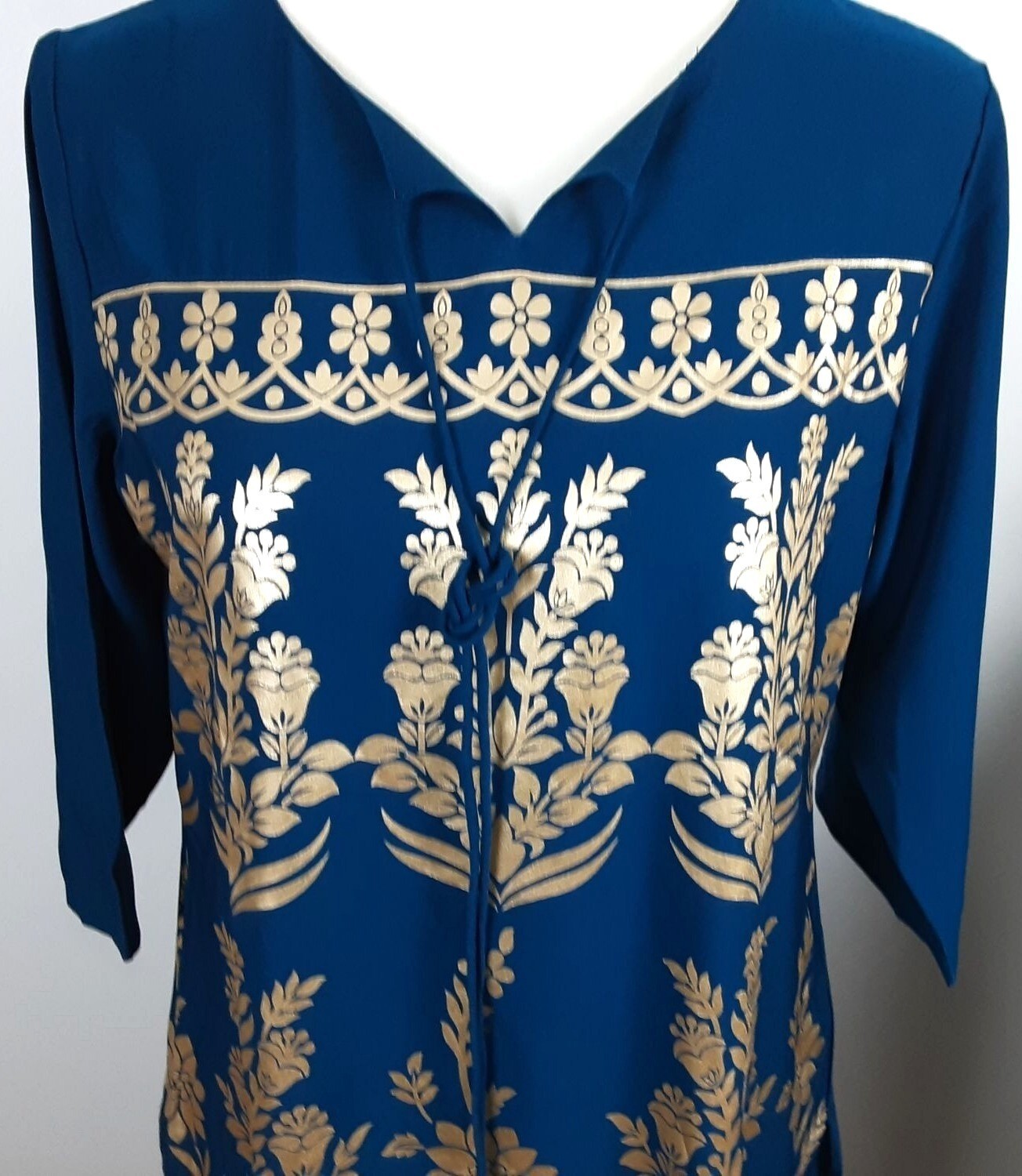 Janasya Womens Turquoise Blue & Gold Crepe Kurta Tassel Tie Neck Size Large