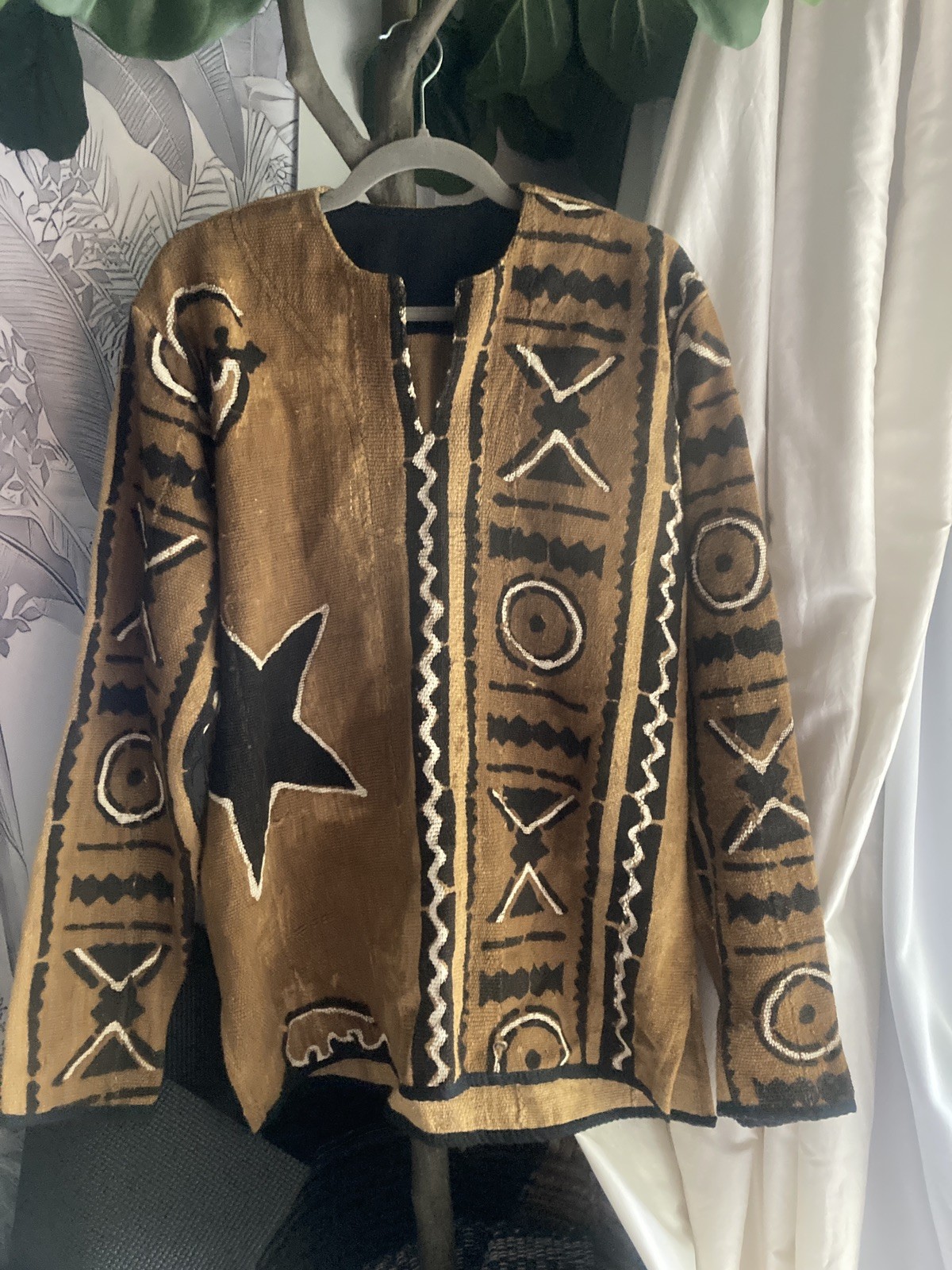 African Hand Dyed & Woven Geometric Tribal Mudcloth Tunic Top Shirt Boho hippy L