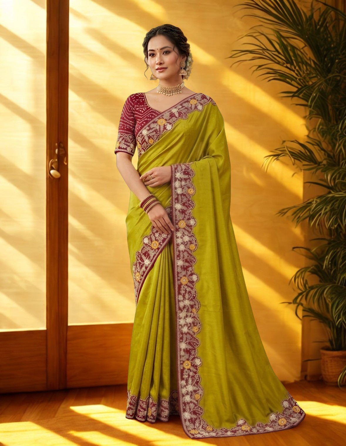 Embroiderd Art Silk Saree With Stitched Blouse (Dark Green)