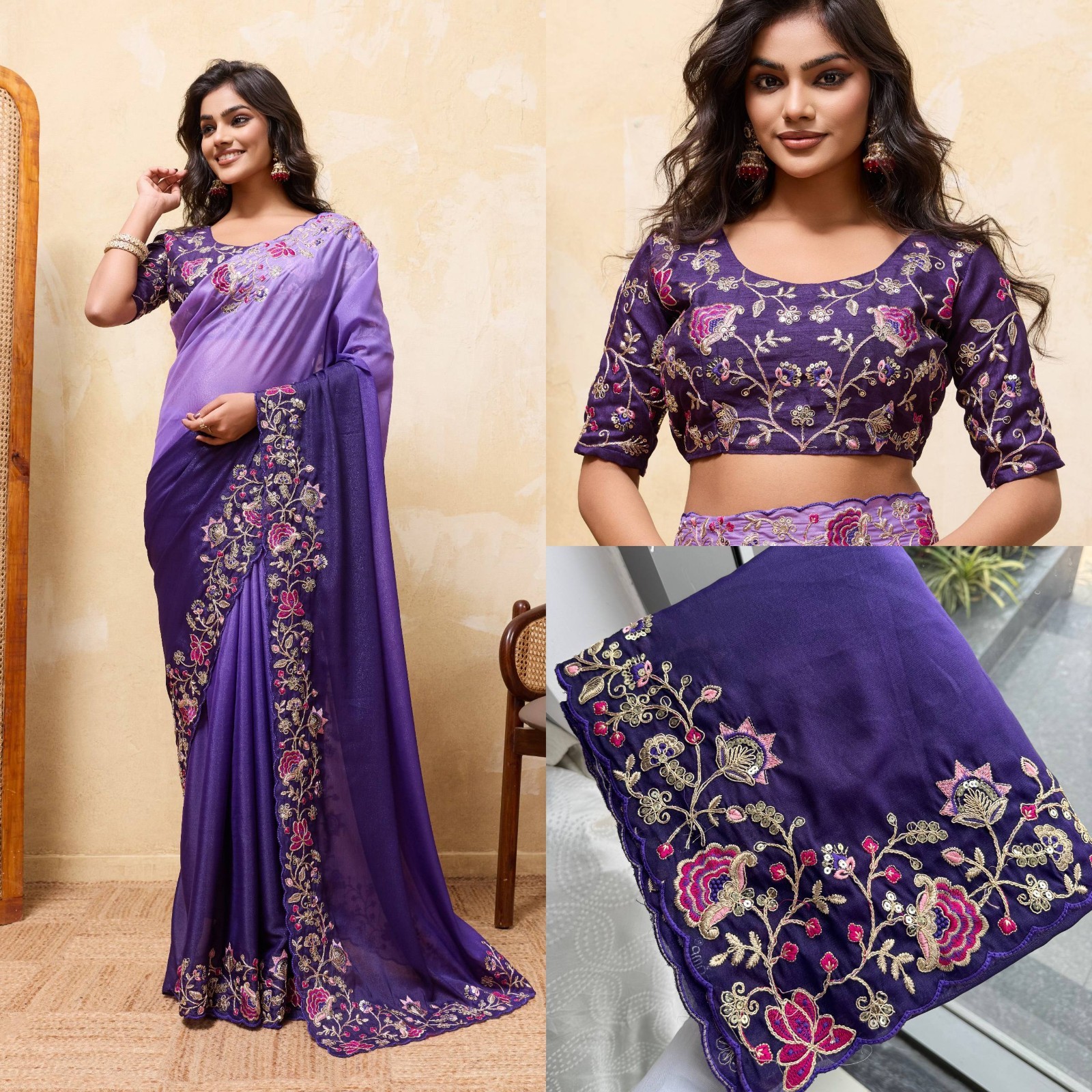 Indian Ethnic Georgette Saree Embroidered Cutwork Border Party Wear Indian Sari