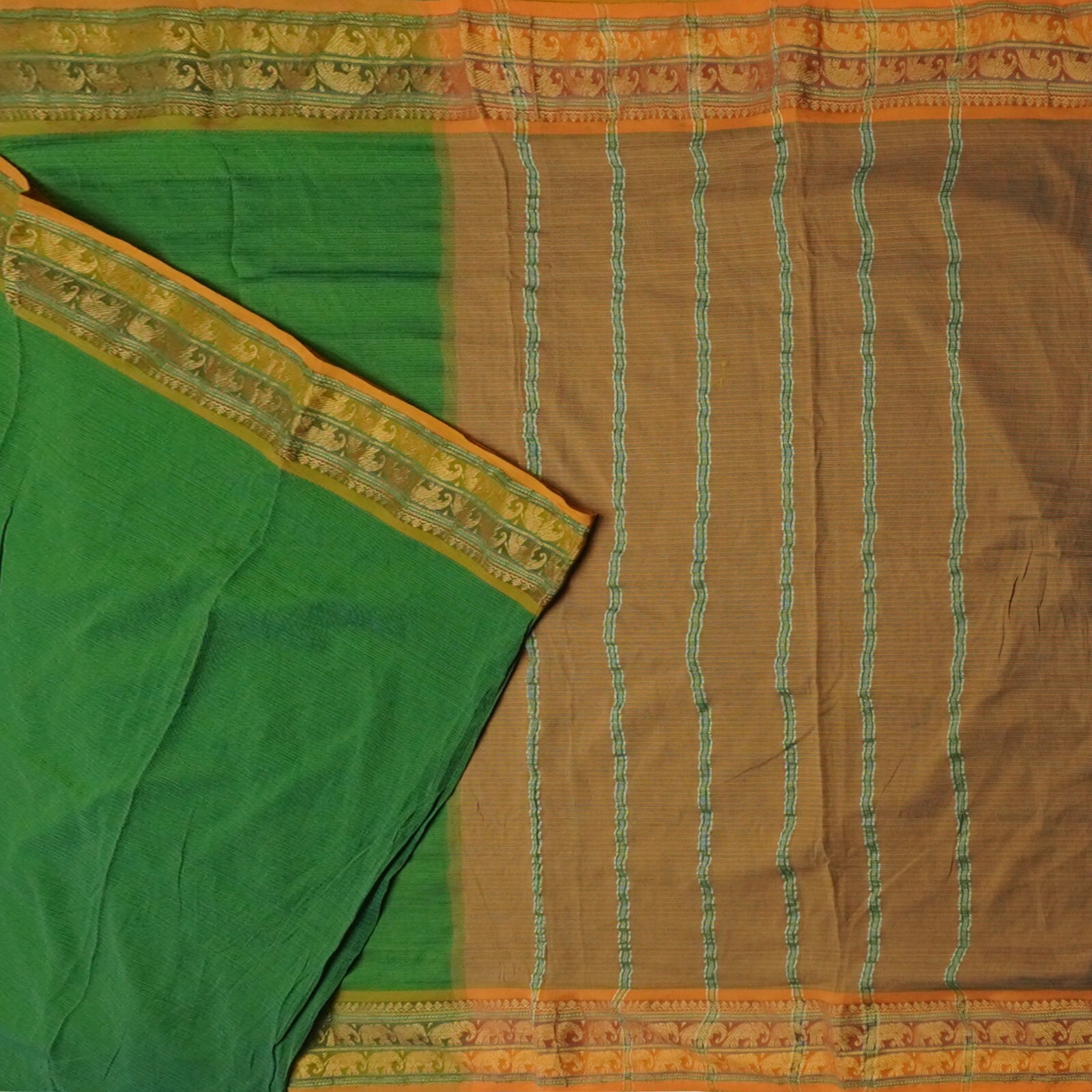 Vintage Green Sarees 100% Pure Cotton Zari Handwoven Elephant Border Sari Fabric