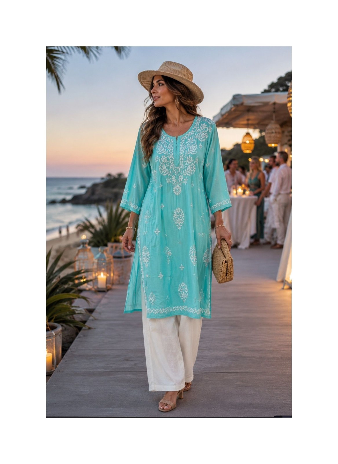 Handmade Large Flowy Aqua Coastal Embroidered Tunic Long Kurta Floral Boho