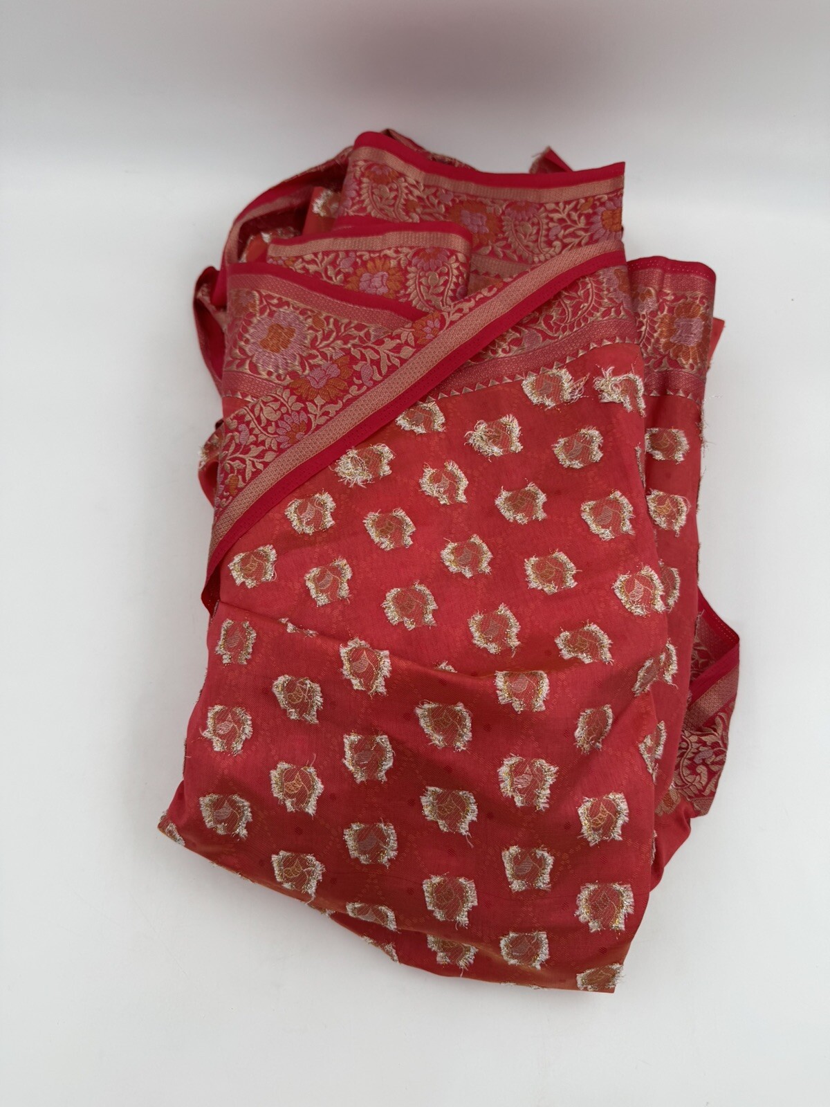 Saree Craft Material Pink Red Gold Print Indian Fabric 48″ W X 6.9 YDs Silk