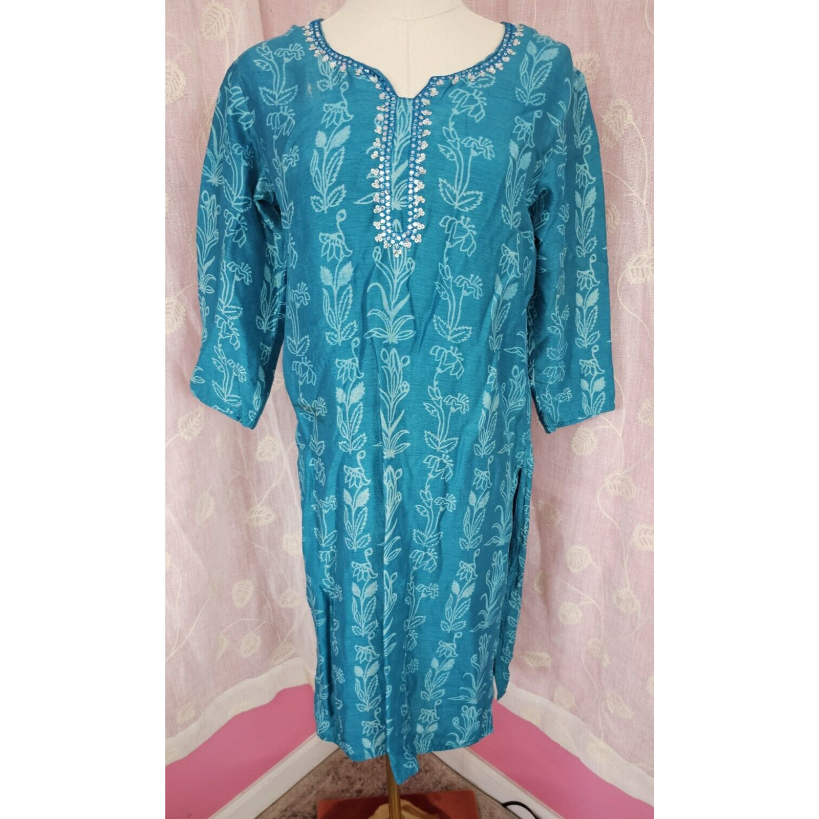 New Taruni Indian Turquoise Sequin Muslin Beaded Printed Kurta Kurti Top Tunic S