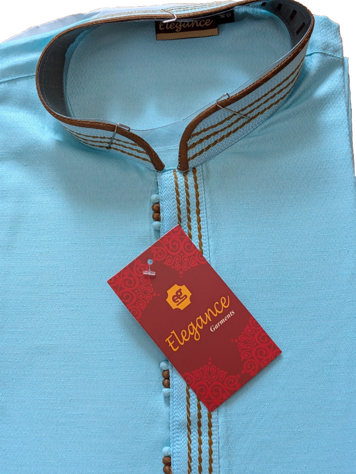 Kurta Punjabi Cotton Textured Light Blue Embroidery Wedding Party Wear Size 38