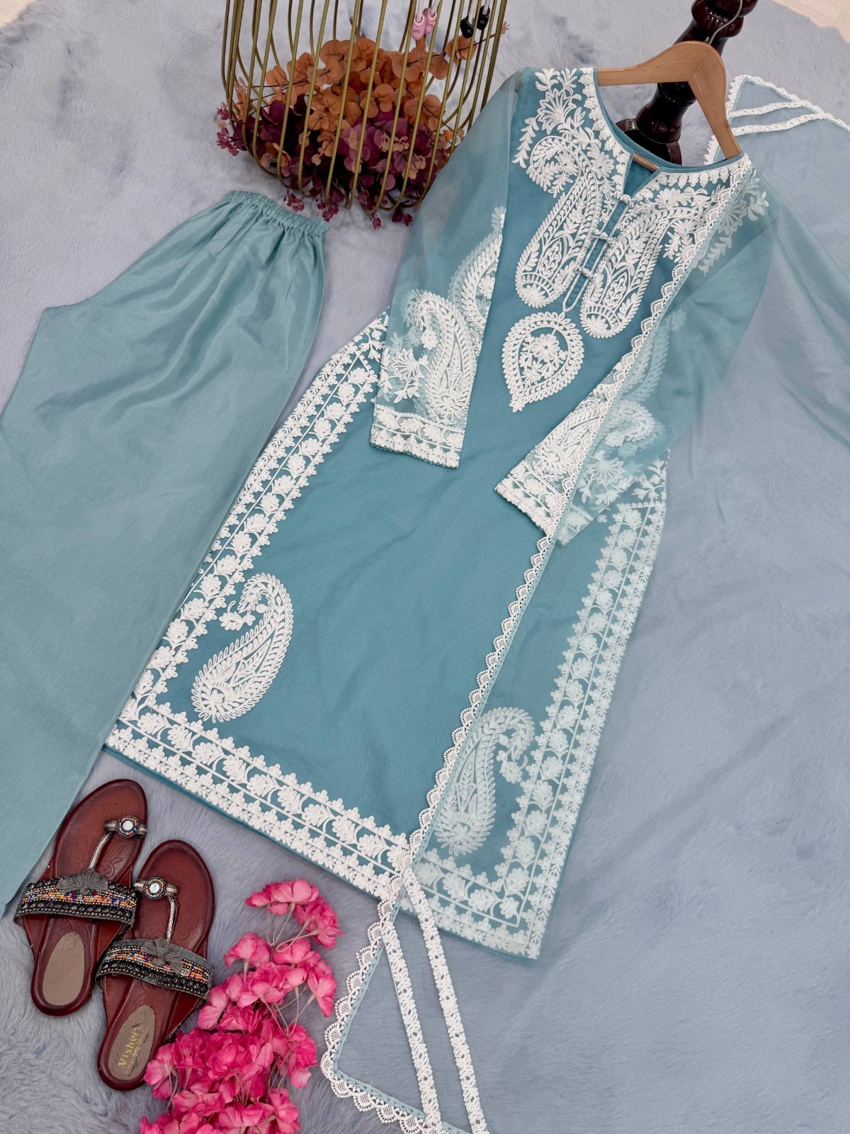Organza Silk Sky Blue Kurta Palazzo With Dupatta For Indian Ethnic Wear