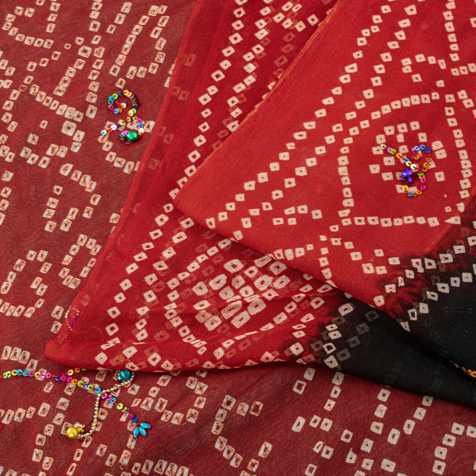 Sanskriti Vintage Black-Red Pure Georgette Saree Bandhani Hand Bead 5+Yd Fabric