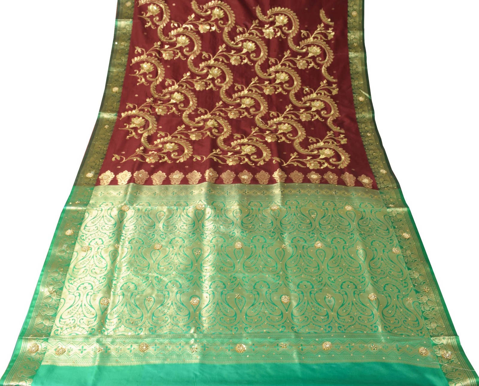 Banarasi Brocade Art Satin Silk Saree Maroon Green Zari Embroidered Sari Fabric