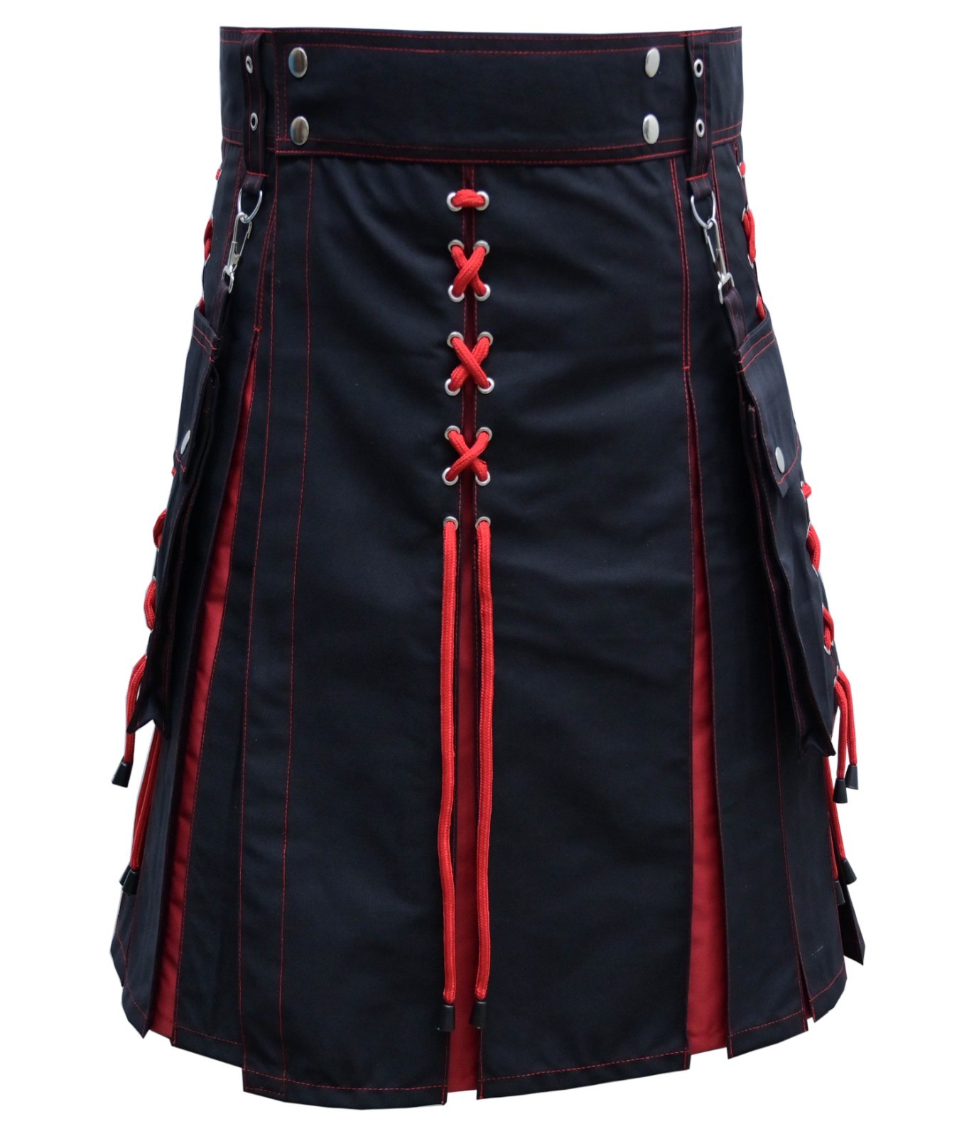Handmade Men’s Black Red Hybrid Utility Kilt Heavy Cotton Scottish Custom Size