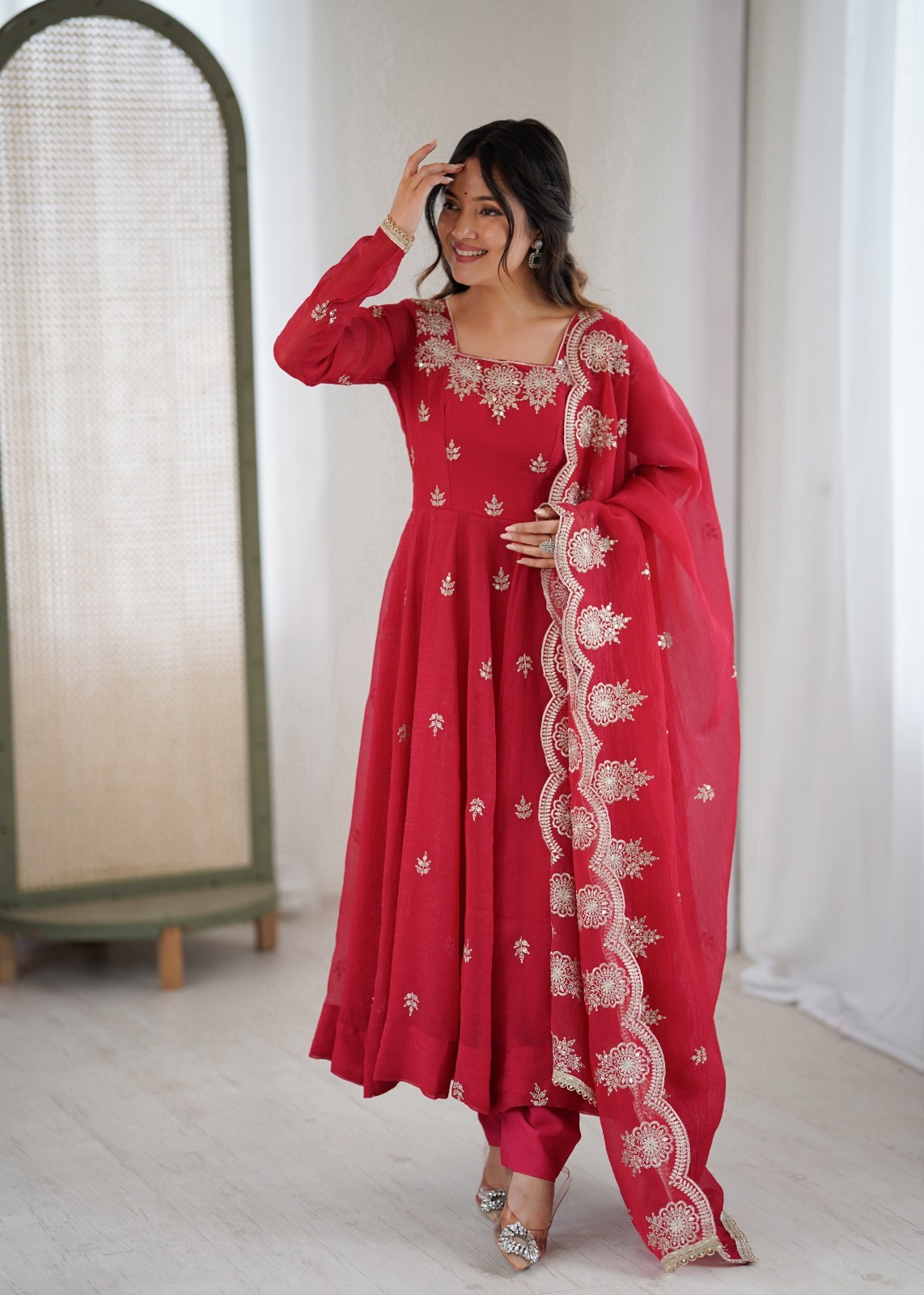 Pink Bridal Crunchy Silk Anarkali Ready Made Wedding Wear Bollywood Ethnic Party