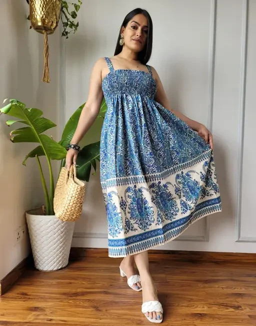 Women Cotton Dresses And Frocks Gown Dress with Digital Print Knee Length A Line