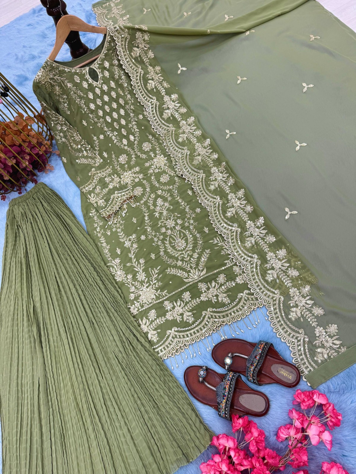 Beautiful Look Pista Green Faux Georgette Kurta Palazzo With Dupatta For Women