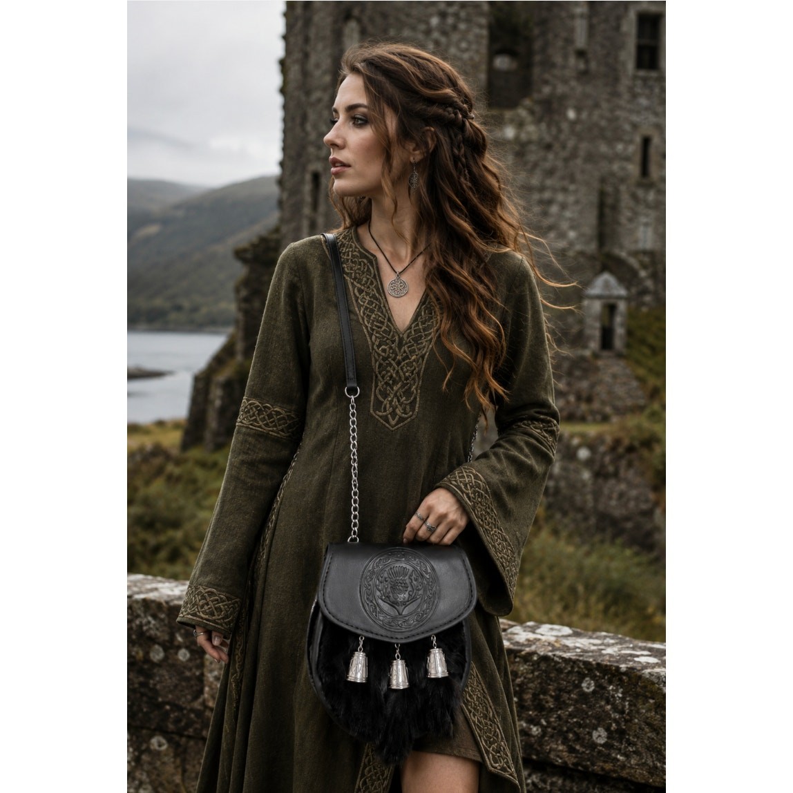 New Scottish Half Dress Sporran Embossed Thistle Celtic Rabbit Fur Chain Belt