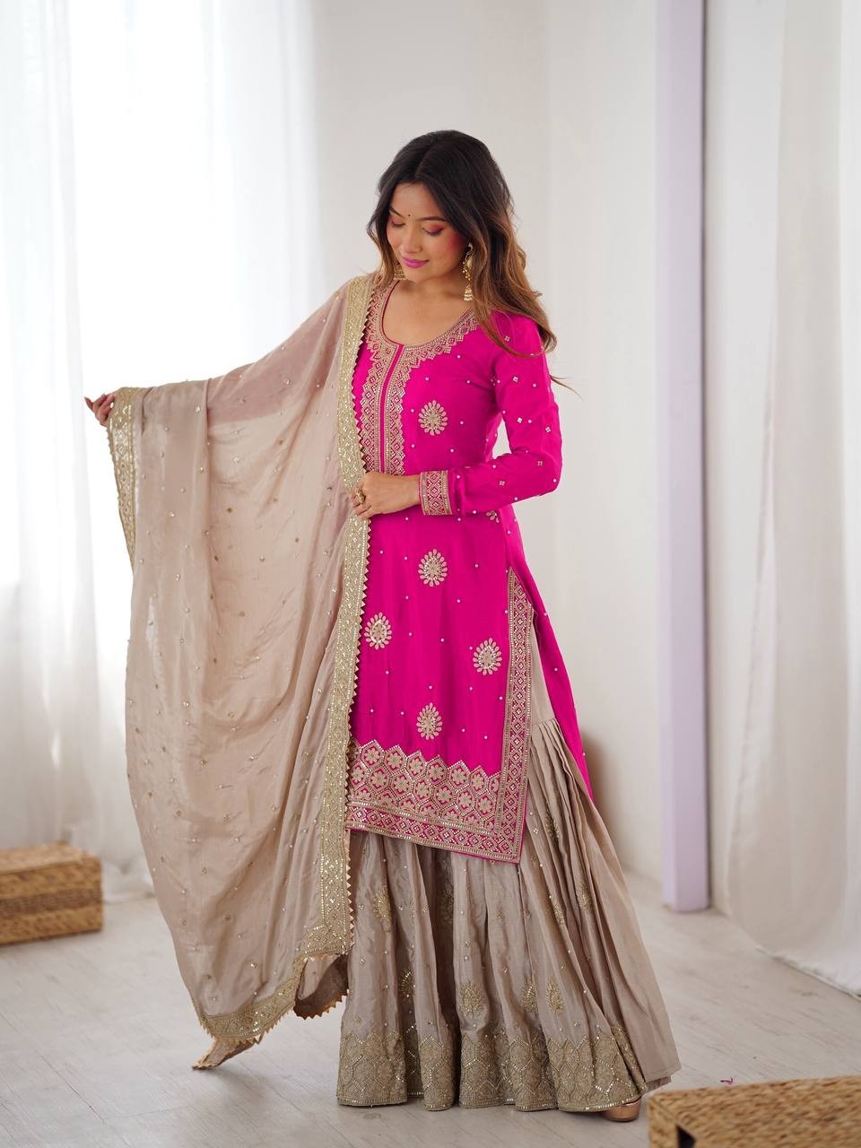 Indian Designer Chinnon Silk Kurta Palazzo With Dupatta For Wedding
