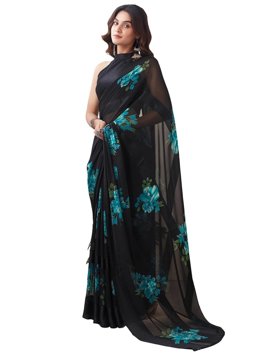 Women’s Georgette Floral Printed Satin Stripe Saree with Unstitched Blouse Piece