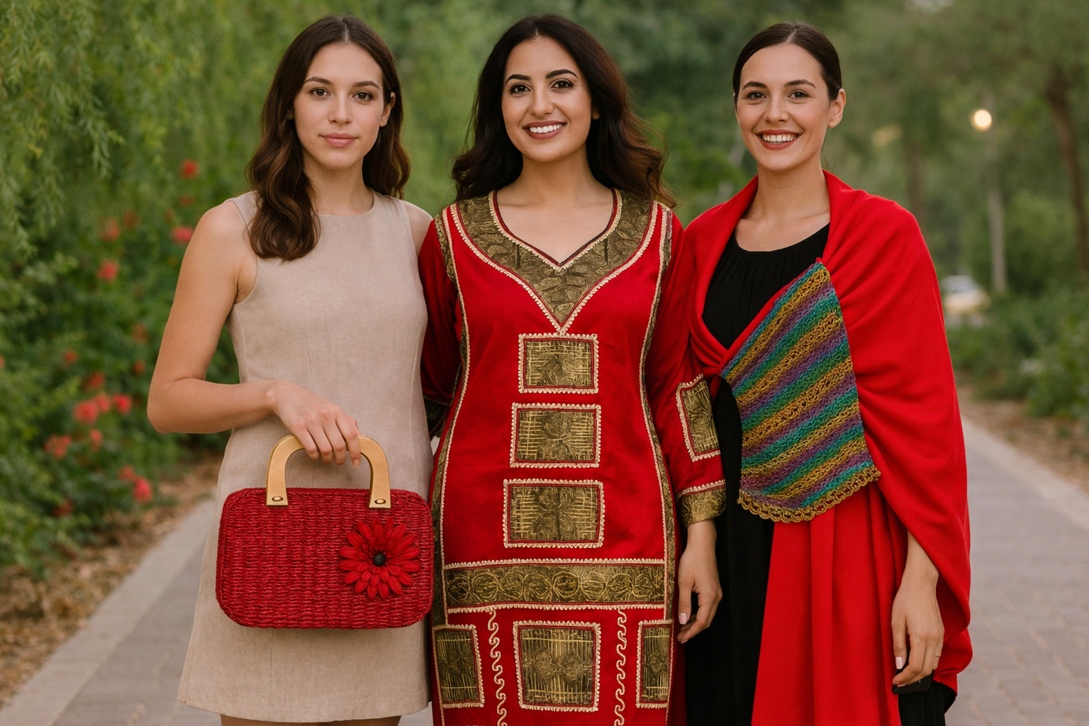 Handmade Palestinian Set – Embroidered Abaya, Shoulder Scarf & Macramé Handbag