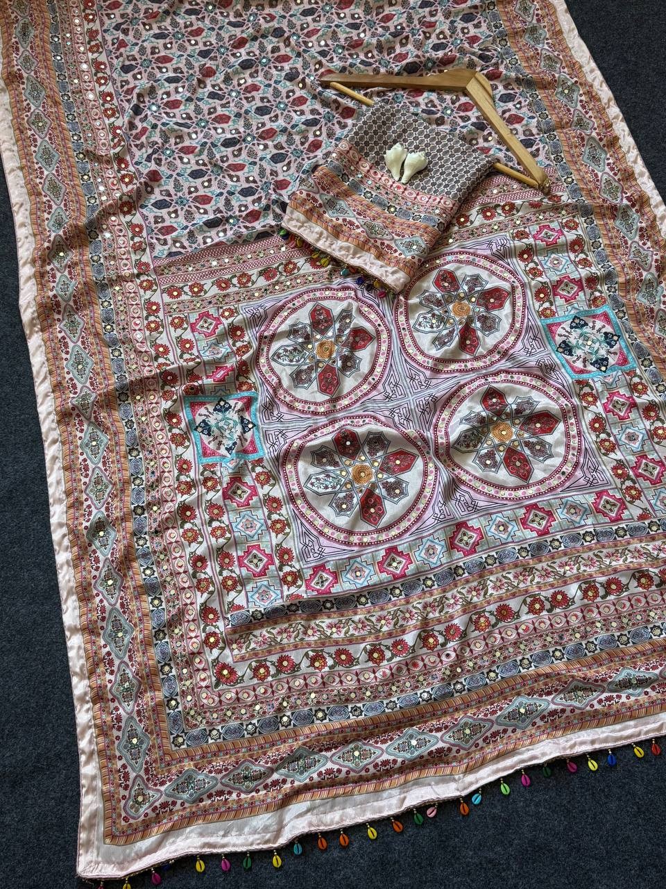 Roman Silk Saree Position Print real Mirror Work Piping Border Pallu latkan