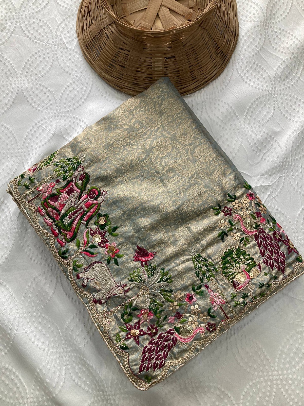 Designer Pure Kanjivaram Silk Saree Wedding Wear Embroidery Work Blouse Piece