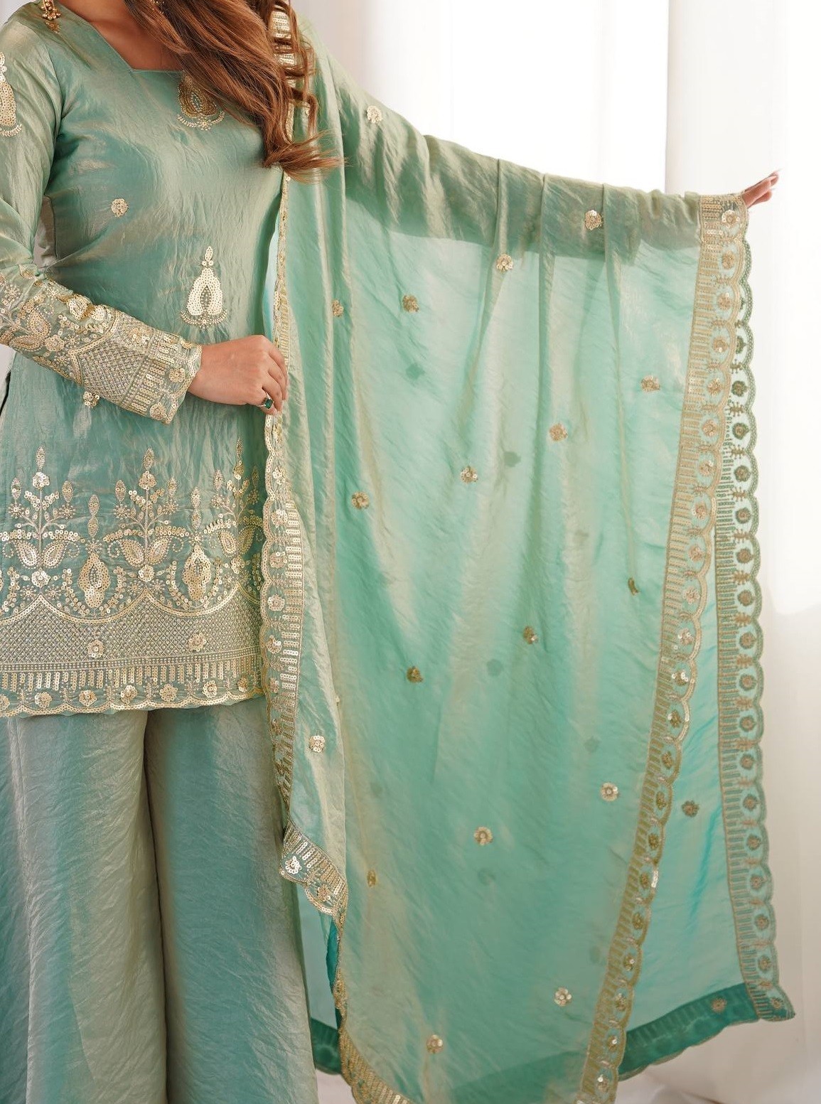 Bollywood Style Silk Sea Green Top Palazzo With Dupatta For Women Festival Wear
