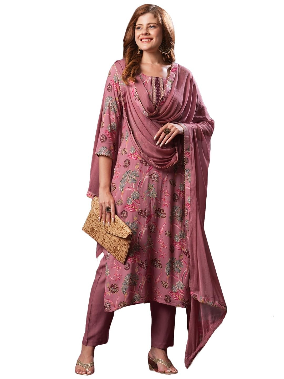 Women’s Rayon Blend Printed Straight Kurta with Pant & Dupatta