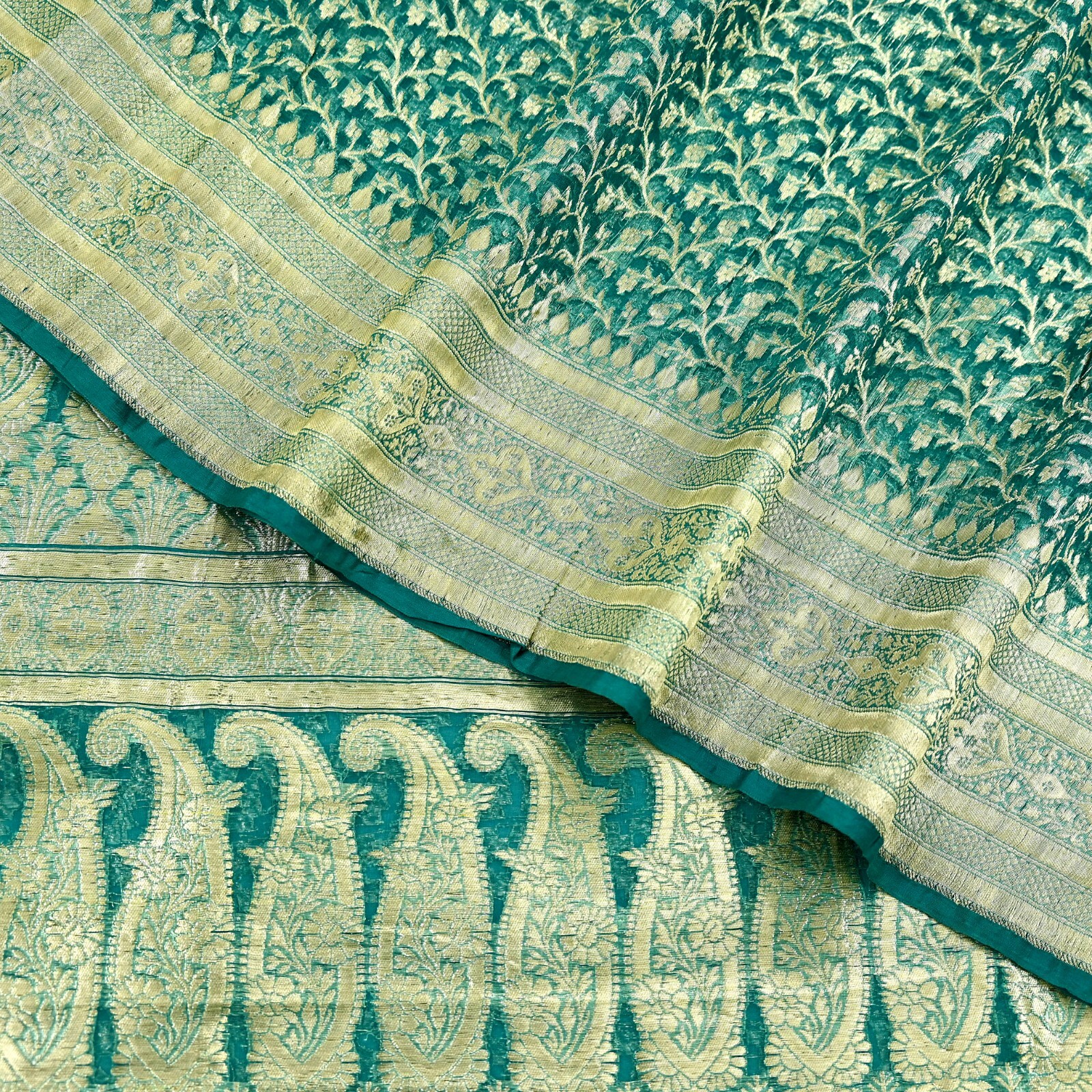 Vintage Sari Heavy Green Pure Organza Silk Woven Brocade Banarasi Saree Zari 5Yd