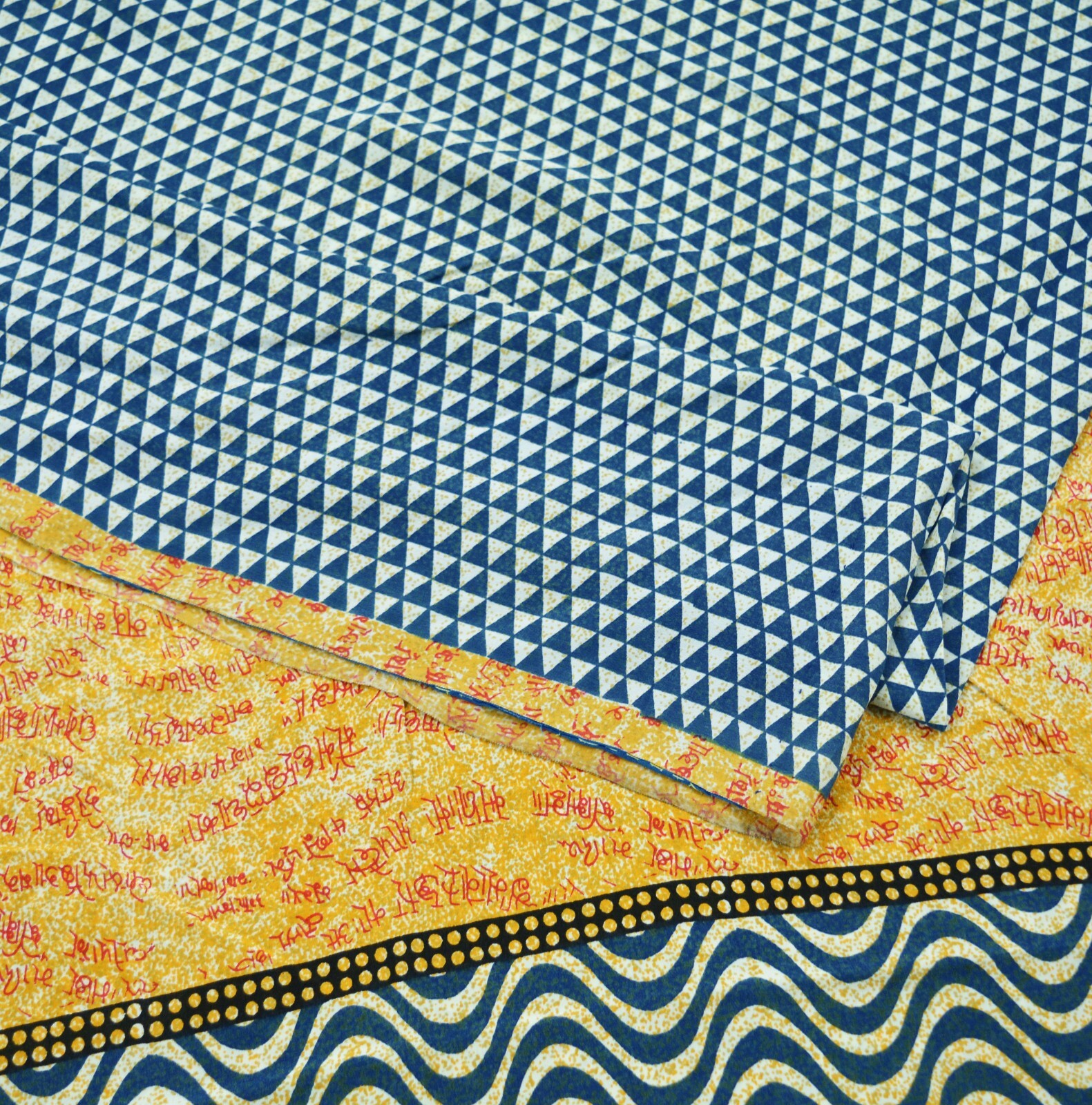 Indian Vintage Sari Ivory & Blue Pure Crepe Silk Printed Sarees Craft Fabric 5yd