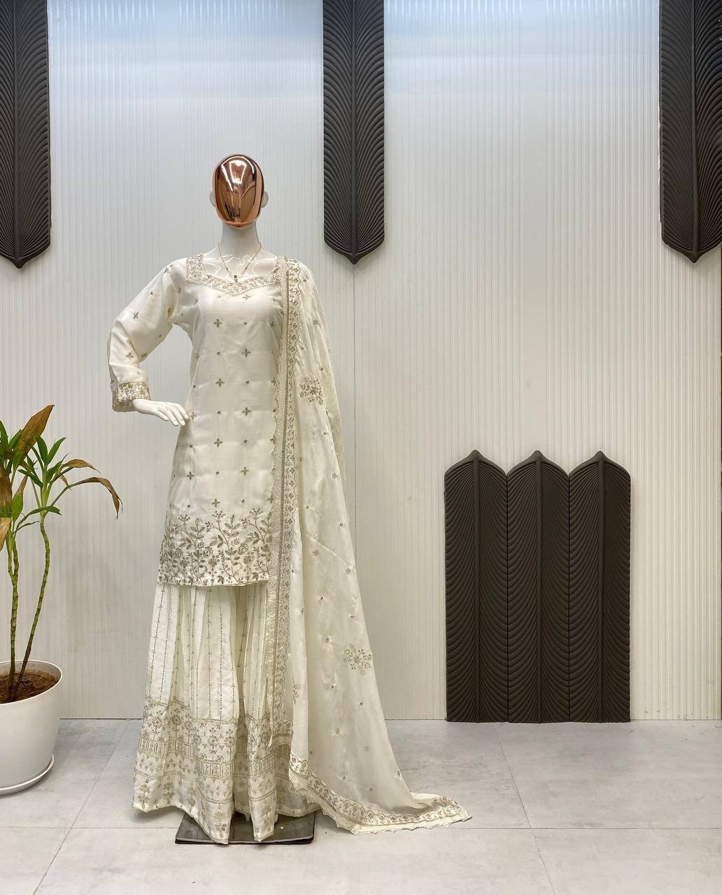 New Fancy White Chinon Top And Palazzo With Dupatta For Women Festival Wear