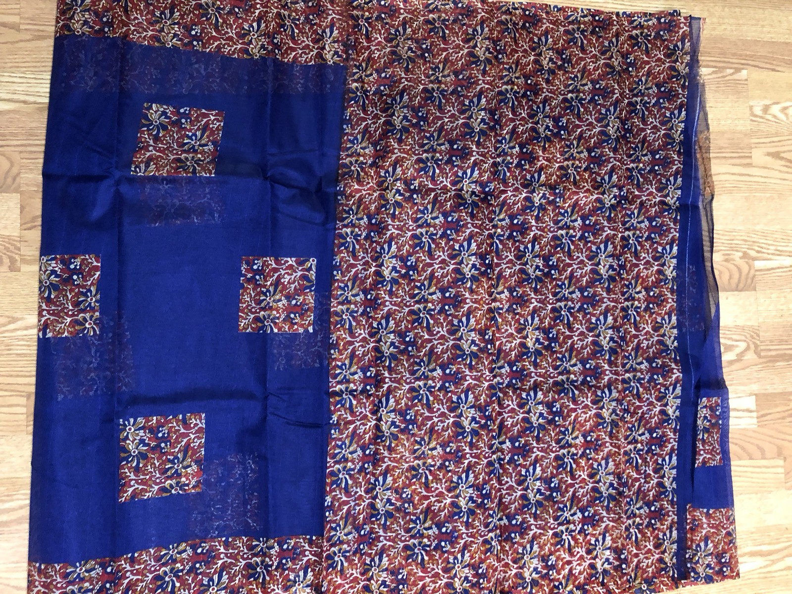 INDIA BHAGALPURI Art silk saree BLUE RED FLORAL Unstitched Blouse USA SELLER