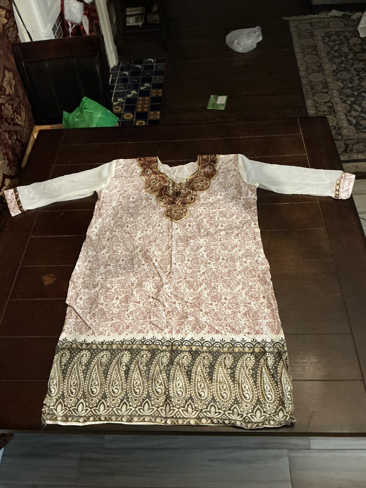 chiffon sleeve, sequined, paisley print cotton kurti, tunic, 37″ long, bust 46″,