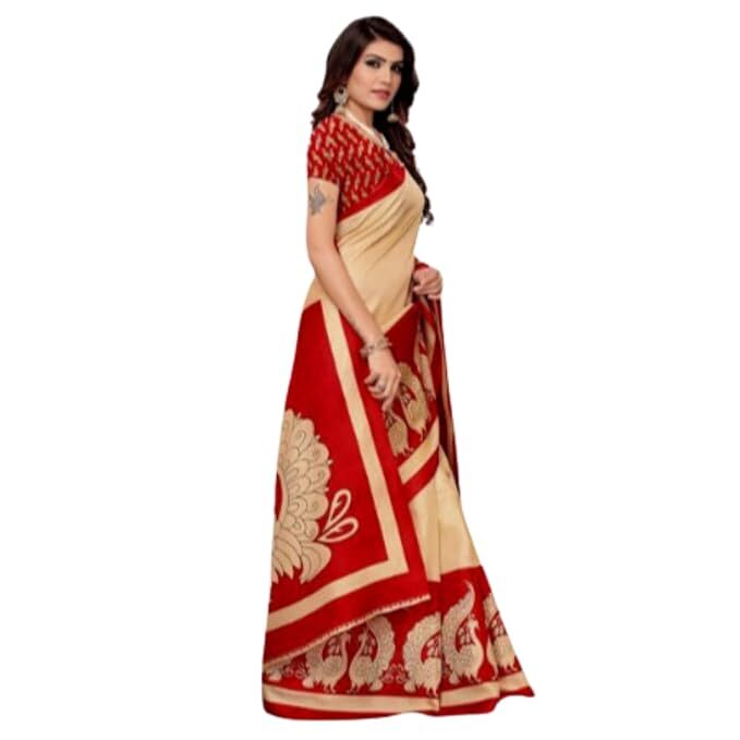 Women Cotton Silk Saree Beautiful Peacock Design Unstitched Blouse Pieces Red