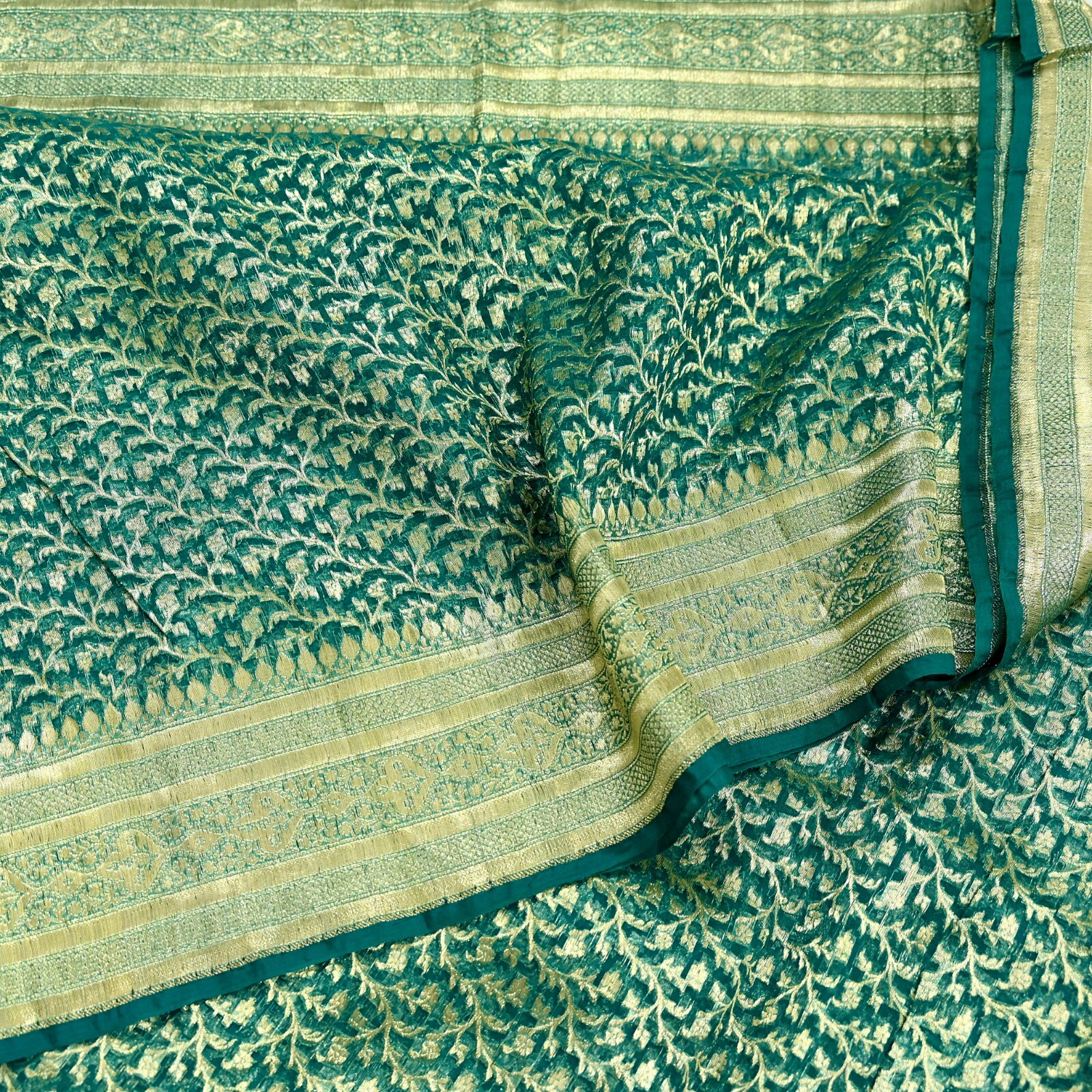 Vintage Sari Heavy Green Pure Organza Silk Woven Brocade Banarasi Saree Zari 5Yd