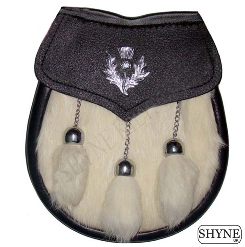 KILT SPORRAN THISTLE CREST WHITE RABBIT FUR 3 TASSLES CHROME FINDINGS FOR KILTS