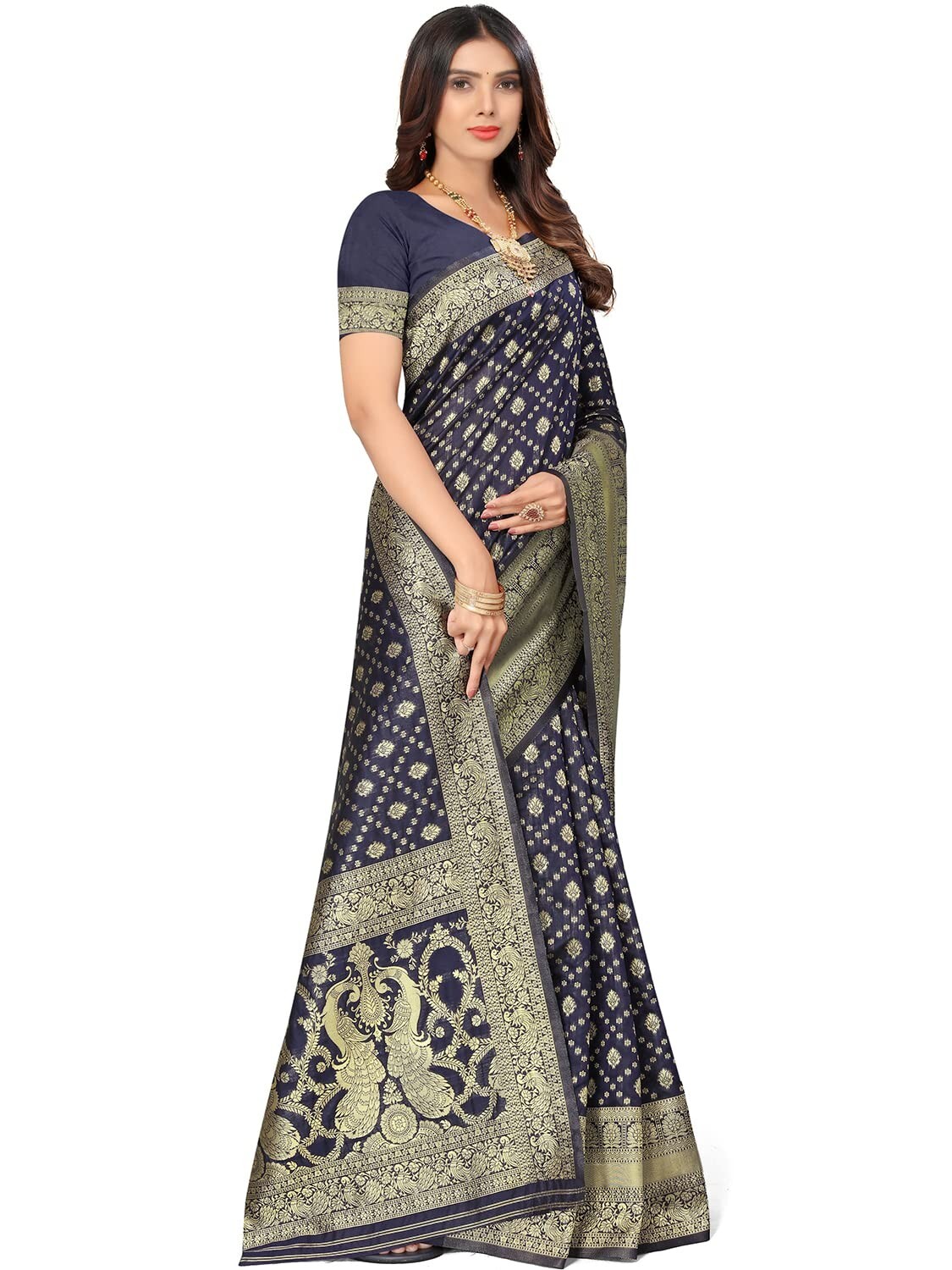 Women’s Contemporary Golden Zari Ethnic Motif Woven saree with Running Blouse