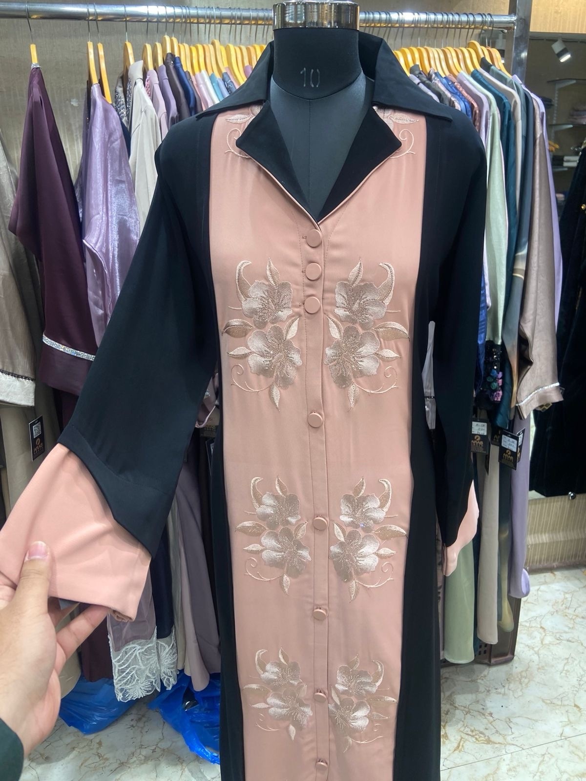 Women’s Embroidered Floral Robe Abaya Dress, Size 10, Black Pink Blue