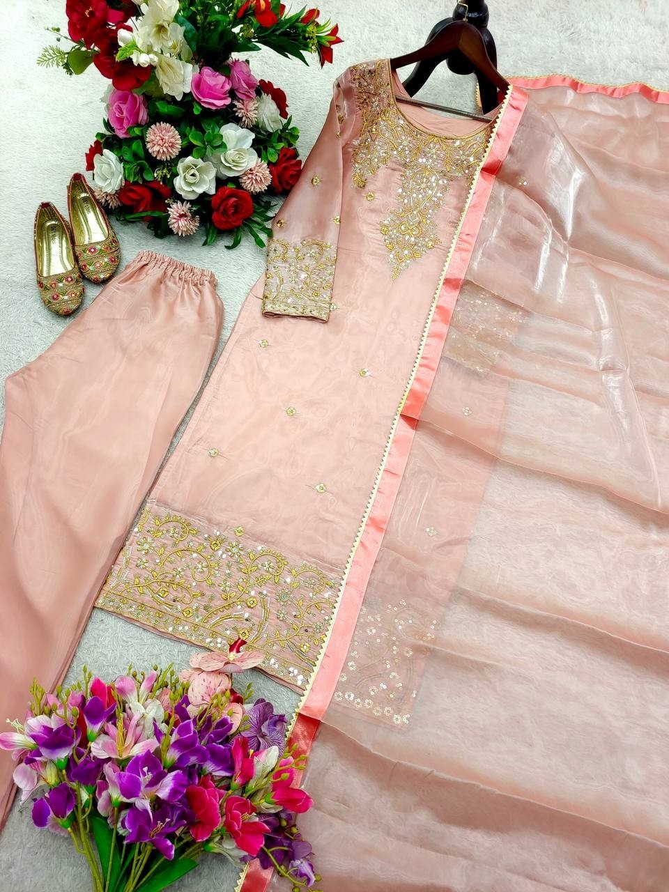 Beautiful Silk Peach Salwar Kameez With Dupatta For Indian Party Wear