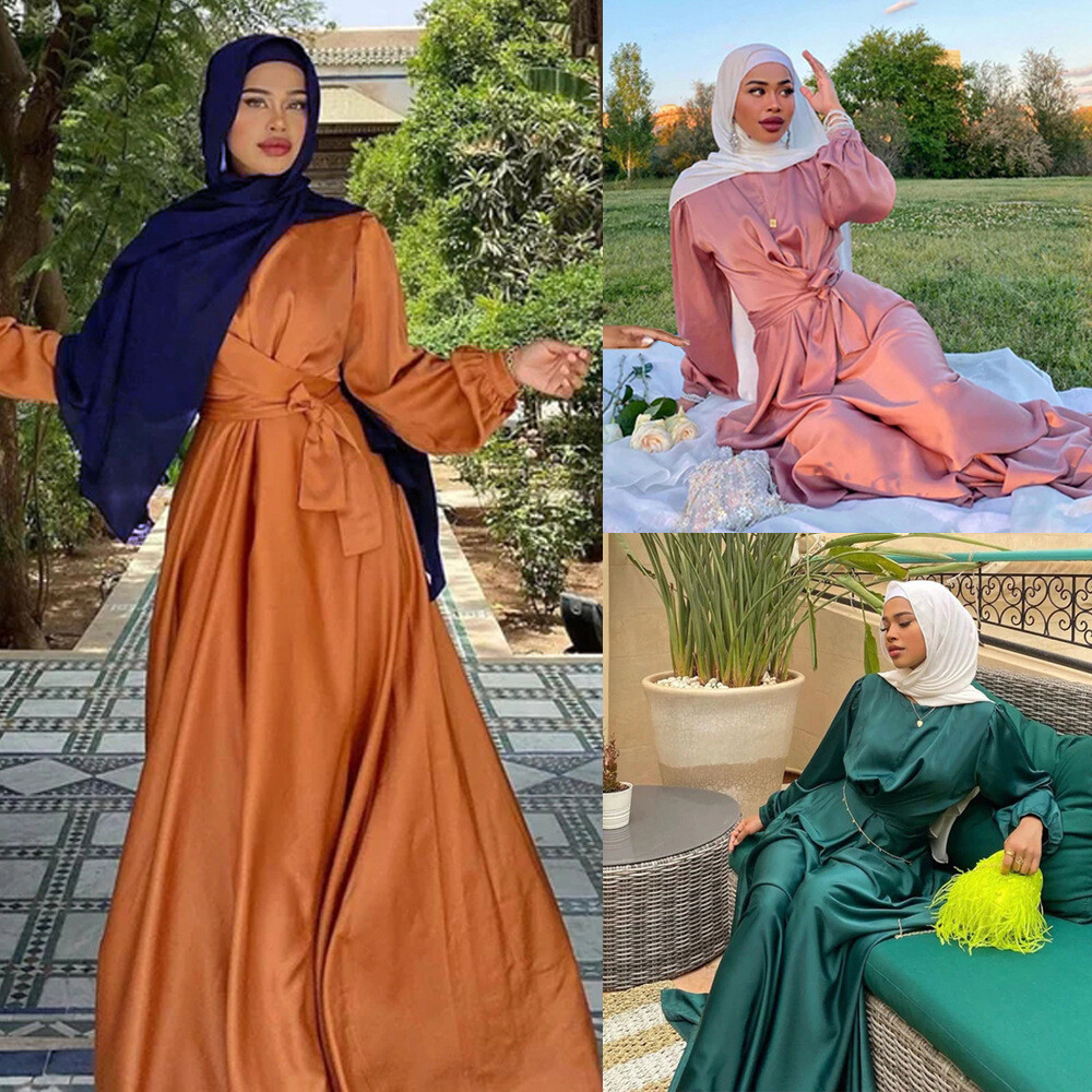Eid Mubarak Satin Abayas Women Muslim Maxi Dress Islamic Clothing Dubai