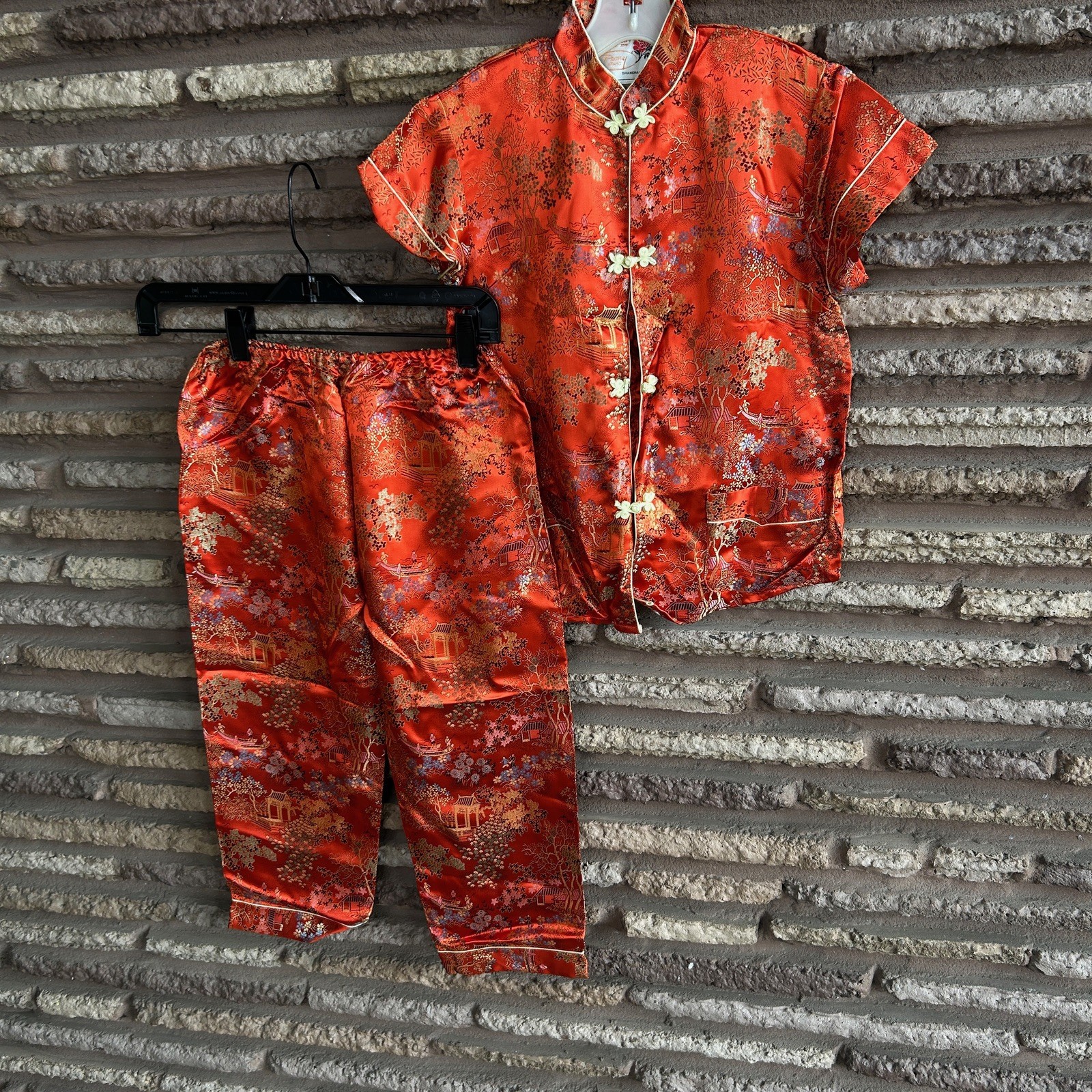 Peony Brand Shanghai Chinese Vintage Girls Red Brocade Jacket Shirt Pants