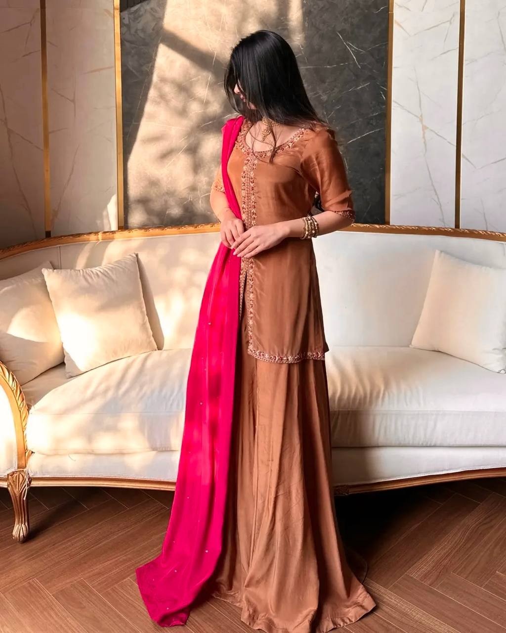 Latest New Natural Crepe Silk Brown Top Palazzo With Pink Dupatta For Festival