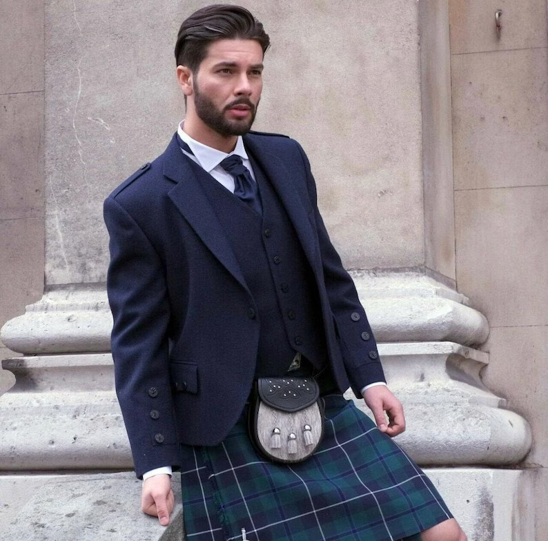Men’s Scottish Wedding Highland Blue Wool Argyle Kilt Jacket with 5 Button Vest.