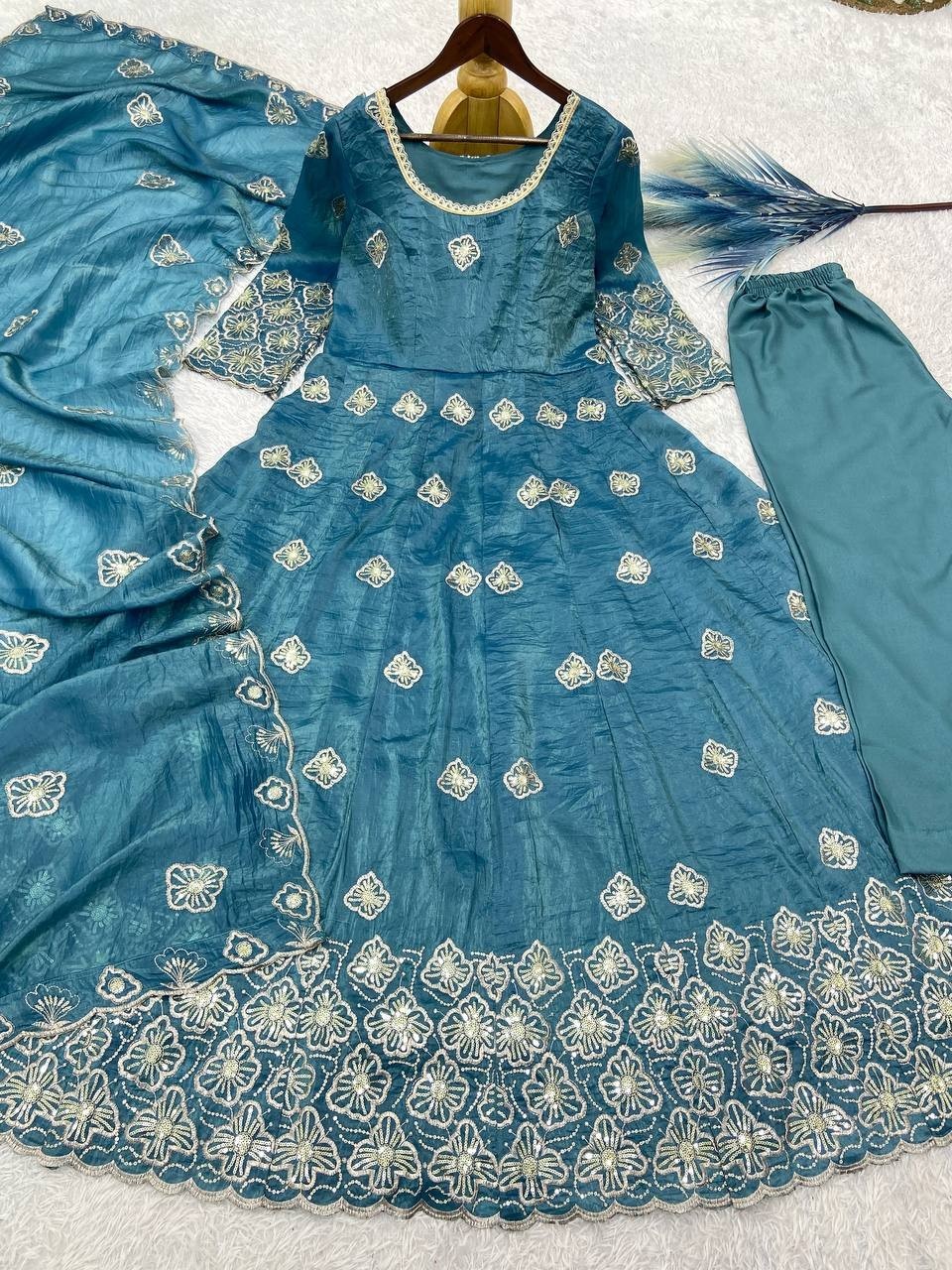 RamaBlue Gold Crush Silk Georgette Salwar Kameez Floral Designer Party Wear Suit