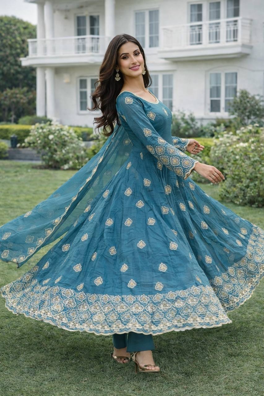 RamaBlue Gold Crush Silk Georgette Salwar Kameez Floral Designer Party Wear Suit