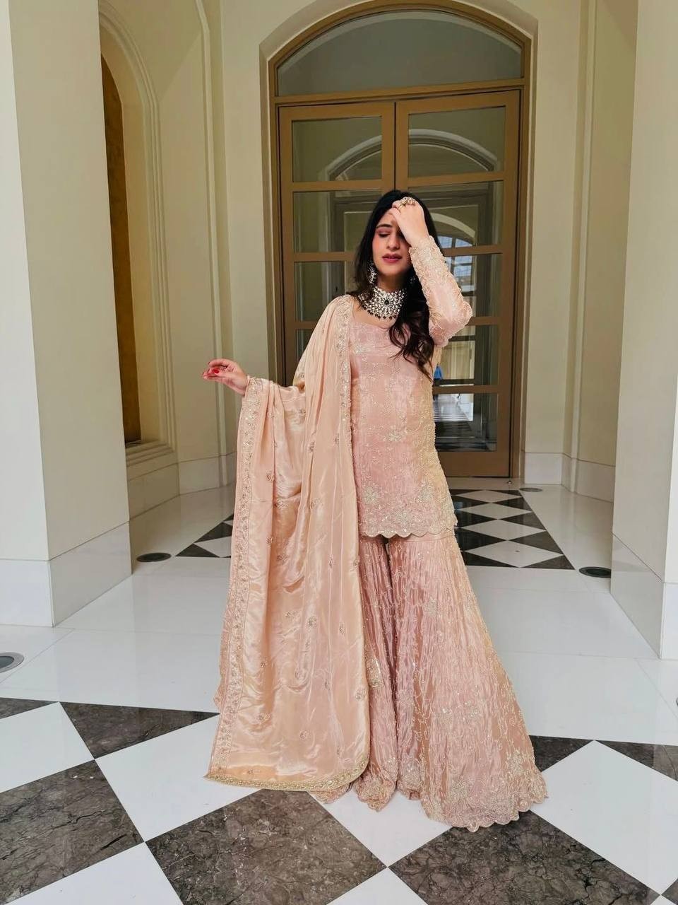 Launching New Jmc Silk Peach Top Palazzo With Dupatta For Women & Girls Wear