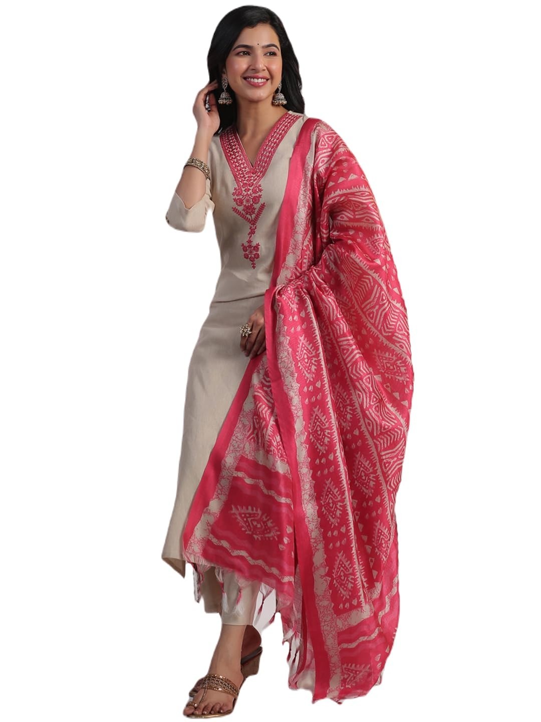 Women’s Rayon Blend Embroidered Straight Kurta with Pant & Dupatta