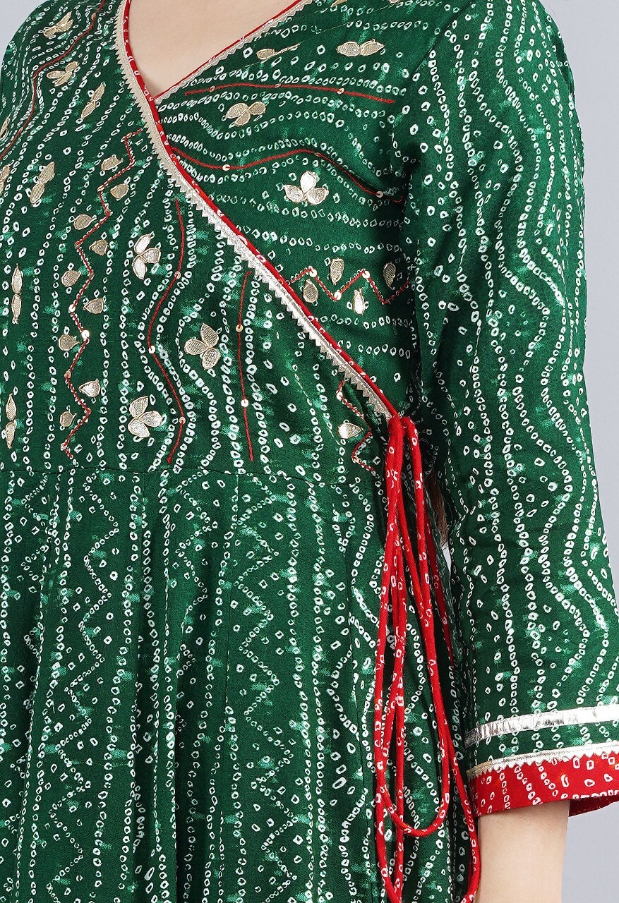 Gown 620 634 1215 Green Red Bandhni Flared Long Kurti Medium Large Size