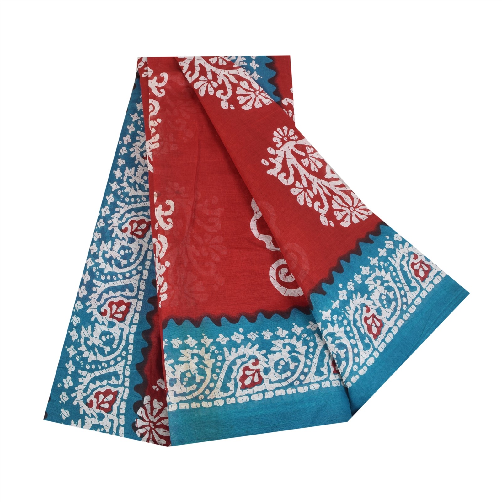 Sanskriti Vintage Sarees Indian Red Pure Cotton Batik Printed Sari 5+Yd Fabric
