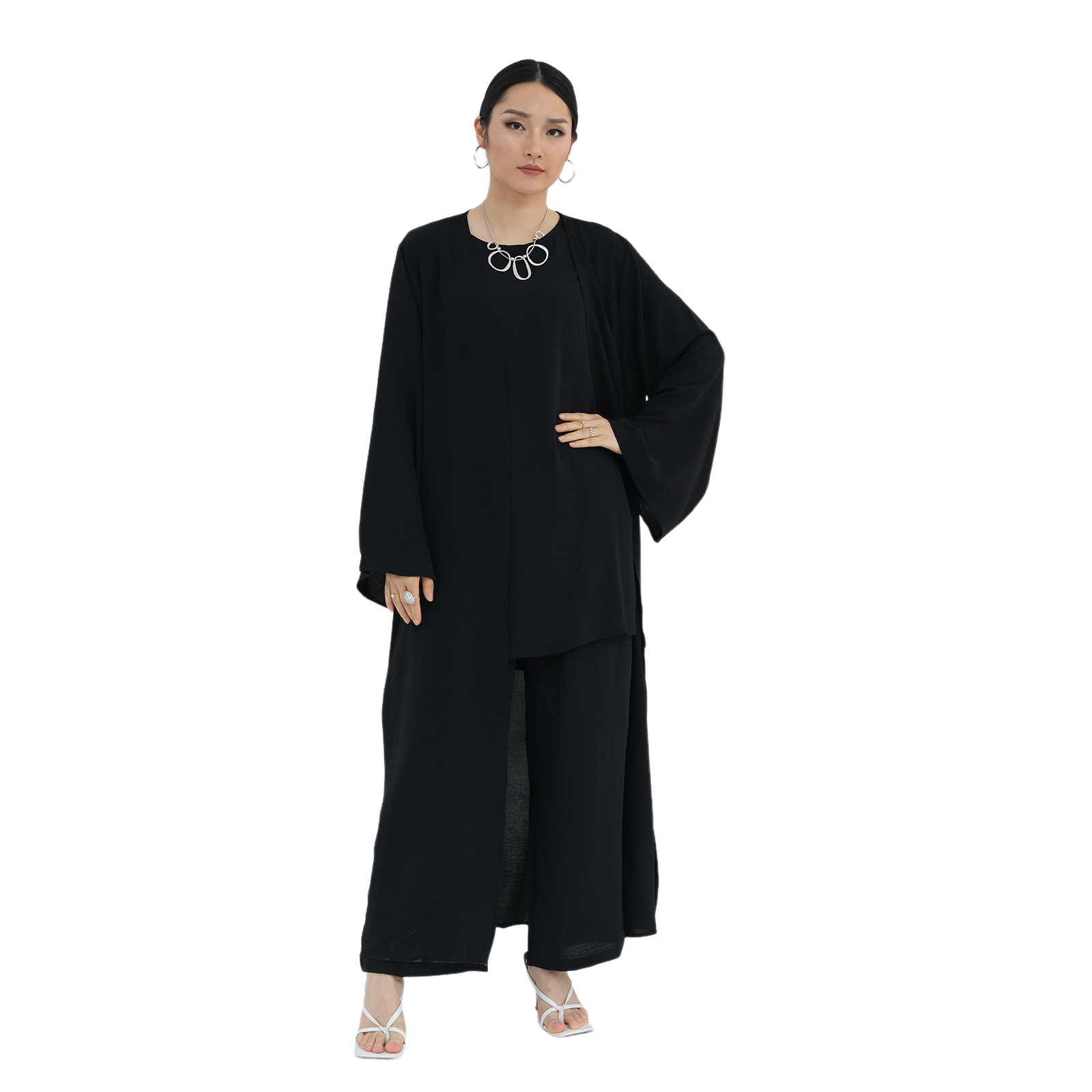 3pcs Muslim Women Open Abaya Cardigan+Top Blouse+Long Pants Sets Islamic Outfits