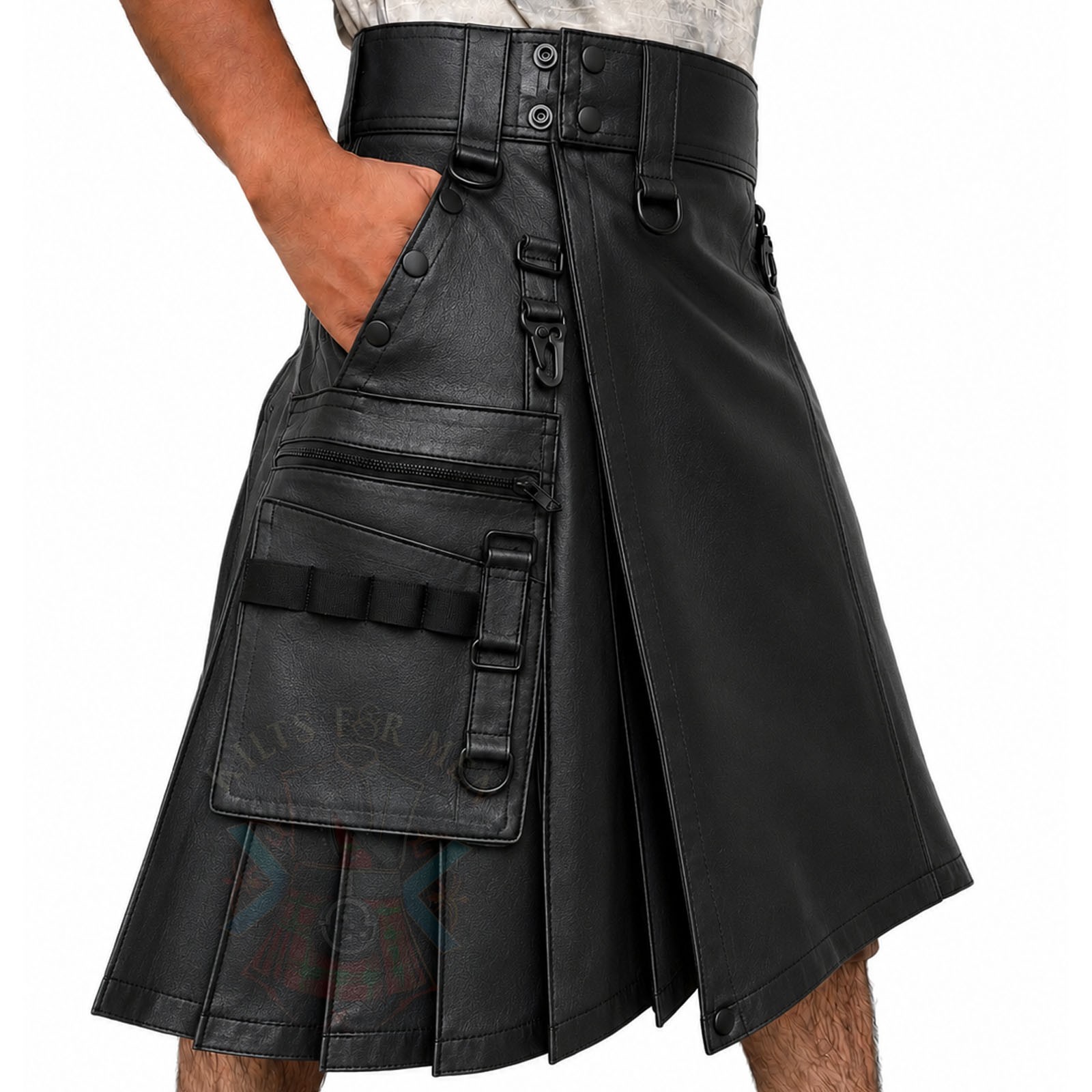 Black Leather Utility Kilt for Men – Handmade Cow Leather Tactical Cargo Pocket