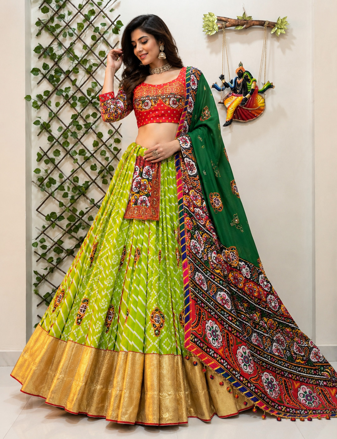 Designer Green Muslin Cotton Lehenga Choli Festival Garba Ethnic Dress