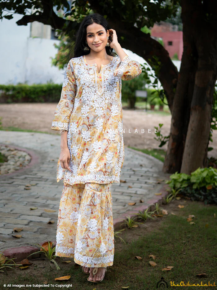 Yellow Mulmul Cotton Chikankari Kurta Garara Set Lucknow Chikankari Handmade Set